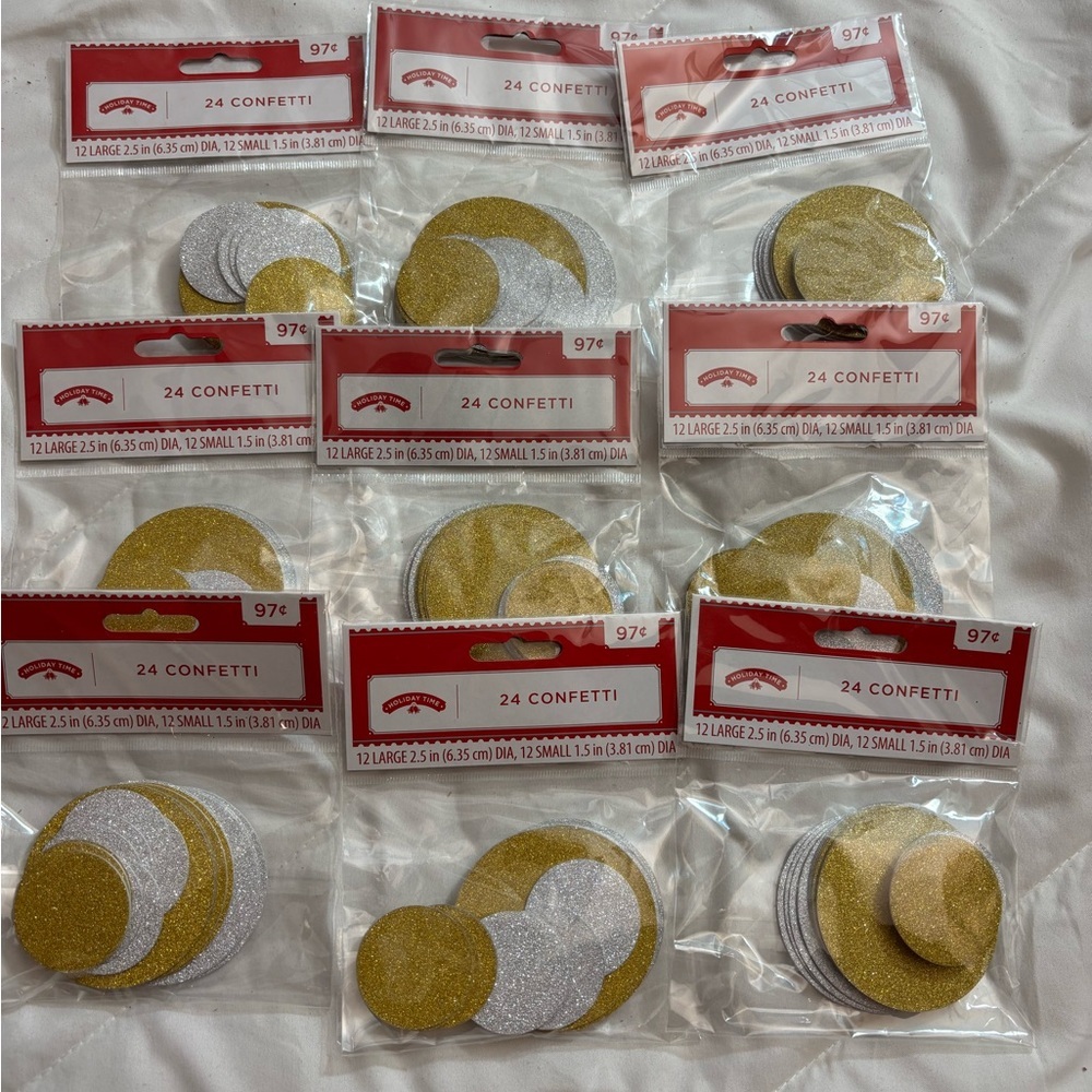 Set of 9 Holiday Time Gold and Silver Confetti Set (24 in each pack)